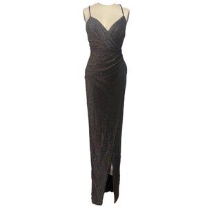 SYMPHONY Black Metallic MOCK WRAP Slinky Stretch Cocktail Slip Dress *SMALL*